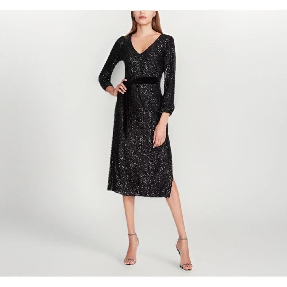 betsey johnson black sequin dress Betsey Johnson Sequin Maxi Dress Black V Neck Long Sleeve Evening Gown S